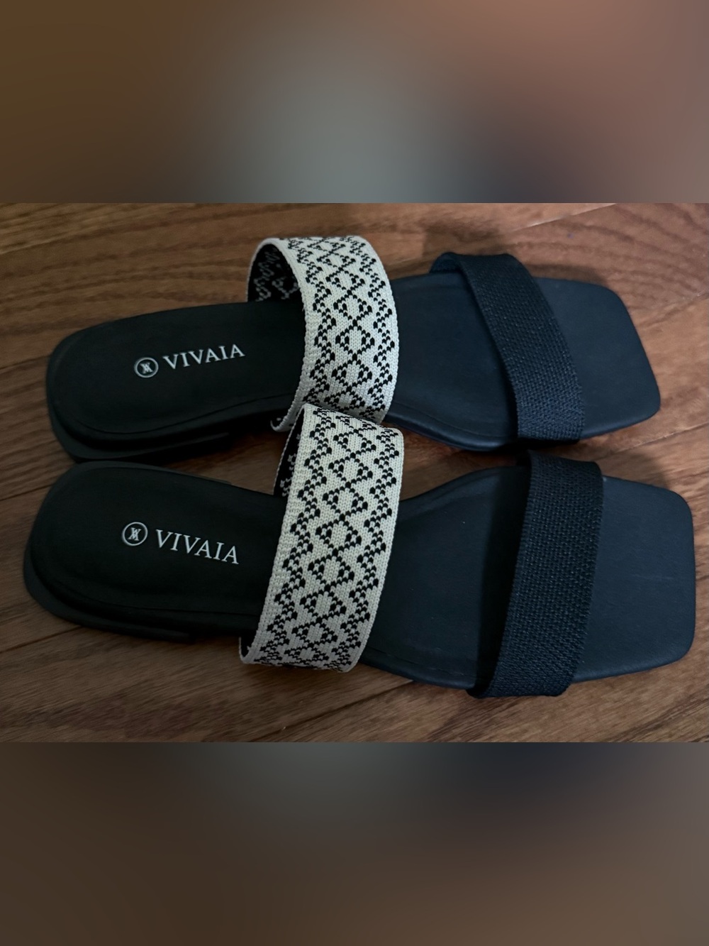 VIVAIA Black & Cream Patterned Strap Slide Sandals SIZE 36